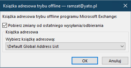 Okno aktualizacji książki adresowej w programie Outlook