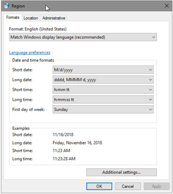Okno ustawień formatu daty i czasu w windows Server 2016.