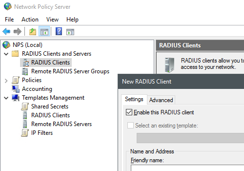 Konsola MMC usługi Network Policy Server. Utworzenie konta nowego klienta usługi RADIUS.