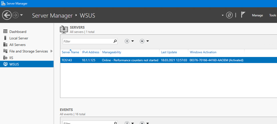 Server Manager i konsola WSUS